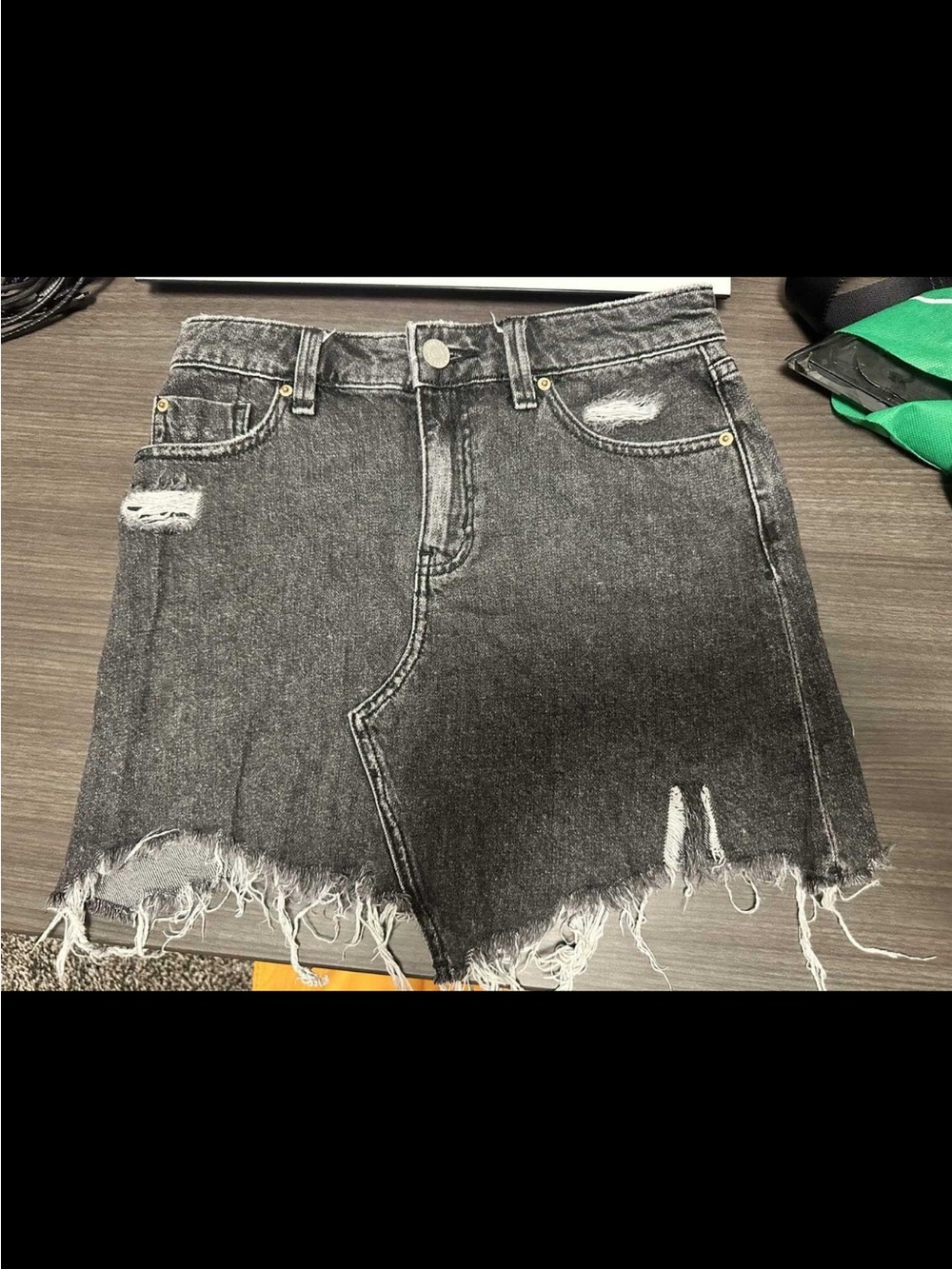 BDG Black Washed Denim Mini Skirt with Frayed Hem